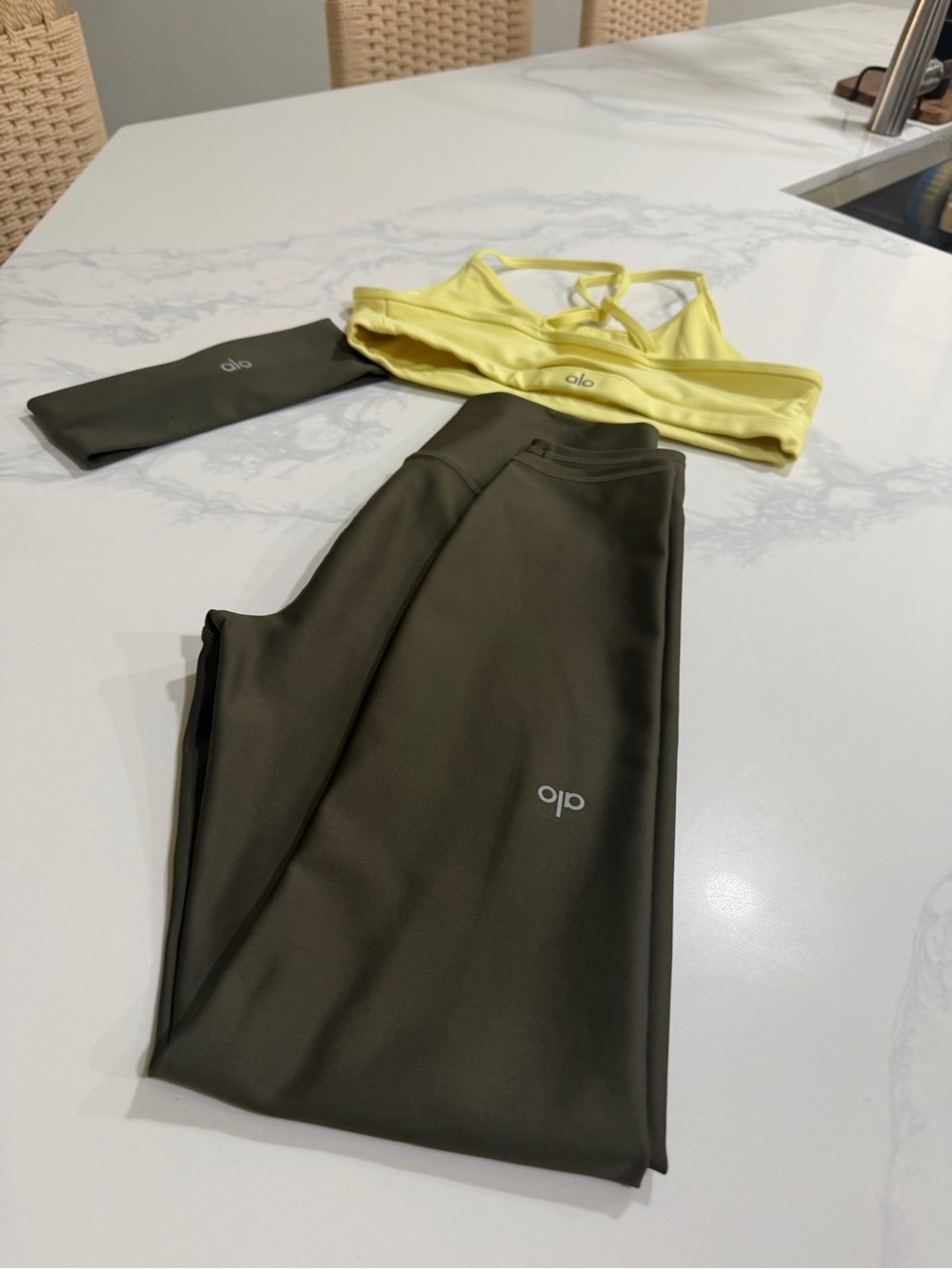 Airlift AloYoga Olive Green Leggings with Lemon Yellow Sports Bra and headband